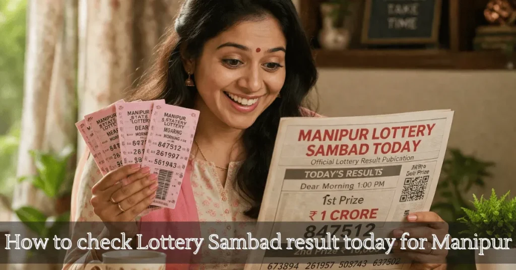 “Happy Indian woman holding lottery tickets and reading Manipur Lottery Sambad Today newspaper results at home”