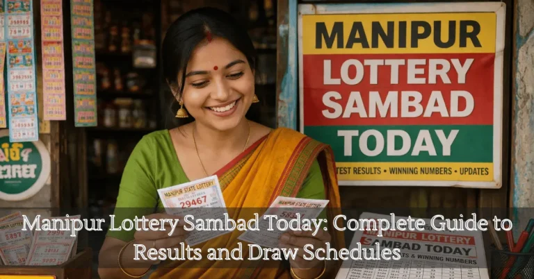 Smiling Indian woman checking Manipur Lottery Sambad Today results while holding lottery tickets at a shop counter”