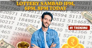 "Smiling man in a denim shirt standing in front of a blurred background of lottery numbers and currency notes, with text saying 'Lottery Sambad 1PM, 6PM, 8PM Today' and a '#1 Trending' label."