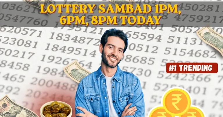 "Smiling man in a denim shirt standing in front of a blurred background of lottery numbers and currency notes, with text saying 'Lottery Sambad 1PM, 6PM, 8PM Today' and a '#1 Trending' label."