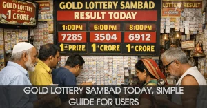 Customers checking Gold Lottery Sambad results and matching lottery tickets at an Indian lottery outlet.