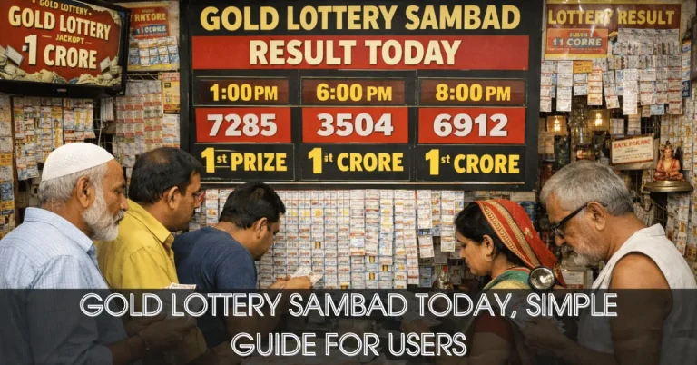 Customers checking Gold Lottery Sambad results and matching lottery tickets at an Indian lottery outlet.