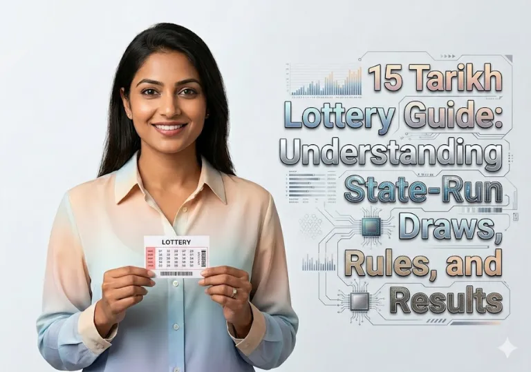 15 Tarikh Lottery Guide featured image showing a smiling Indian woman holding a ticket against a tech background.