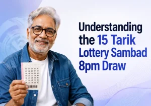15 Tarik Lottery Sambad 8pm Draw guide featuring smiling Indian man holding lottery ticket on clean backdrop