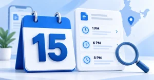 3D calendar showing the 15th beside a Lottery Sambad result panel with 1 PM, 6 PM, and 8 PM draw times and a magnifying glass for checking results