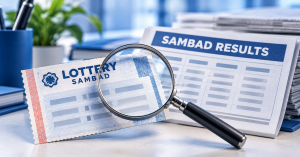 3D illustration of a 15 Tarikh Lottery Sambad ticket being checked with a magnifying glass beside a lottery result sheet