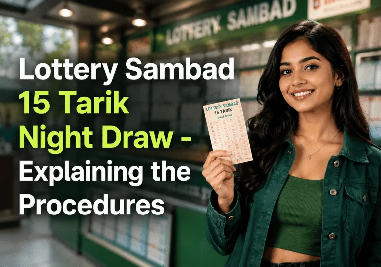 Lottery Sambad 15 Tarik Night Draw image showing an Indian woman holding a ticket in a blurred lottery outlet setting.