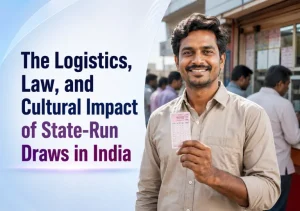 Lottery Sambad 6pm graphic showing a smiling Indian man holding up a state-run lottery ticket at a street stall.