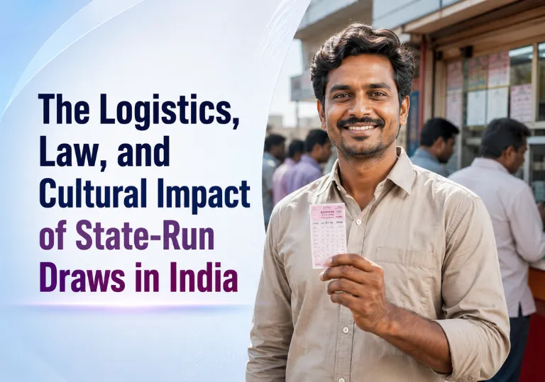 Lottery Sambad 6pm graphic showing a smiling Indian man holding up a state-run lottery ticket at a street stall.