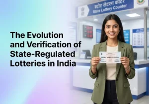State-regulated on lottery sambad 25 tarikh lotteries in India banner featuring a Gen Z woman holding a ticket in a modern, professional office.