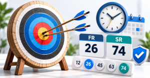 Tura Teer timings illustrated with a 3D archery target, arrows, clock, calendar, and example first-round (FR) and second-round (SR) number displays