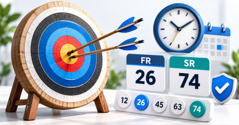 Tura Teer timings illustrated with a 3D archery target, arrows, clock, calendar, and example first-round (FR) and second-round (SR) number displays